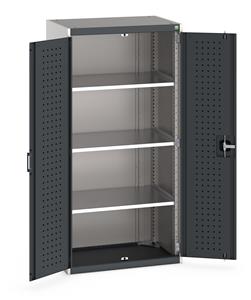 Heavy Duty Bott cubio cupboard with perfo panel lined hinged doors. 800mm wide x 525mm deep x 1600mm high with 3 x100kg capacity shelves.... Bott Tool Storage Cupboards for workshops with Shelves and or Perfo Doors
